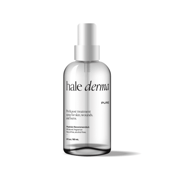 a clear plastic spray bottle of Hale Derma Pure Spray 2oz / 60mL with a white cap