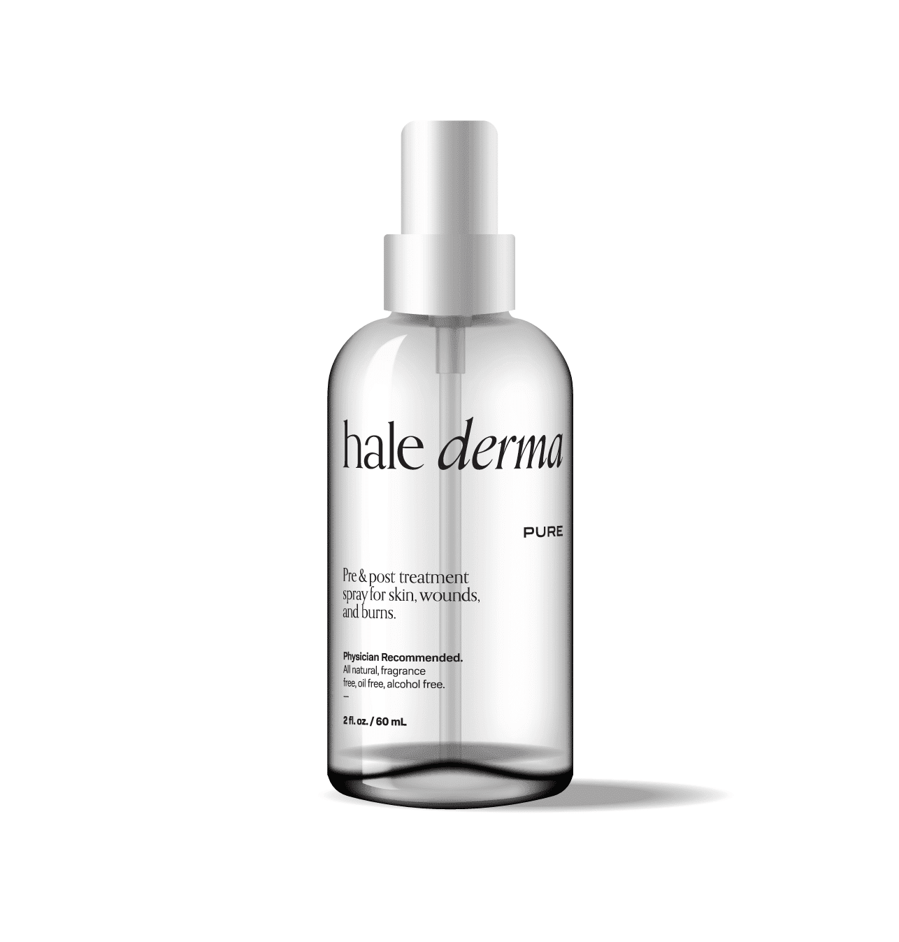 a clear plastic spray bottle of Hale Derma Pure Spray 2oz / 60mL with a white cap