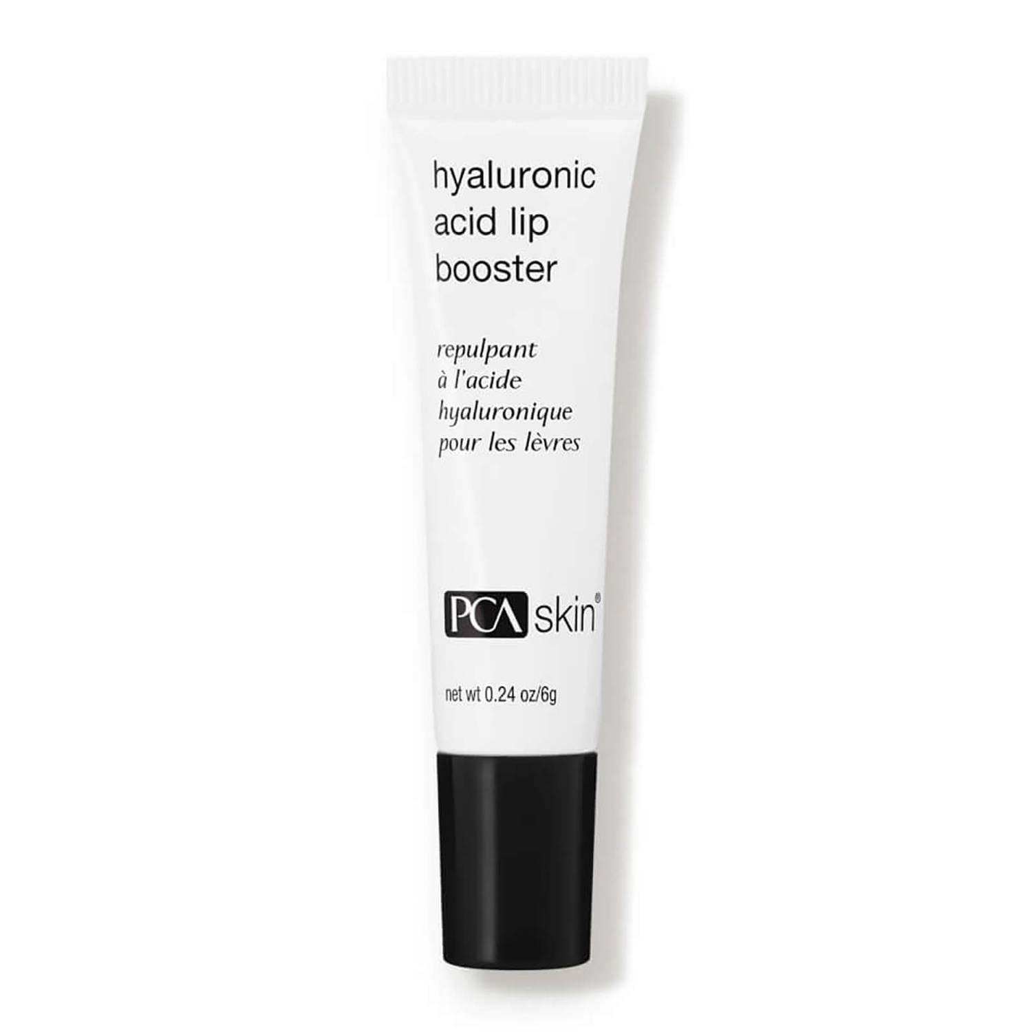 a white tube of pca skin Hyaluronic Acid Lip Booster with black label