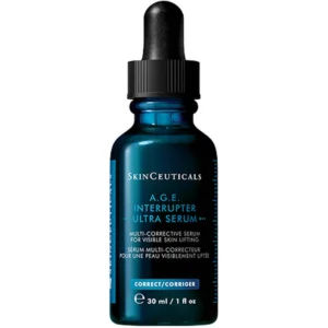 Blue 30ml bottle of SkinCeuticals A.G.E. Interrupter Ultra Serum—an anti-aging, firming serum recommended by Nurse Jacklyn for mature skin.