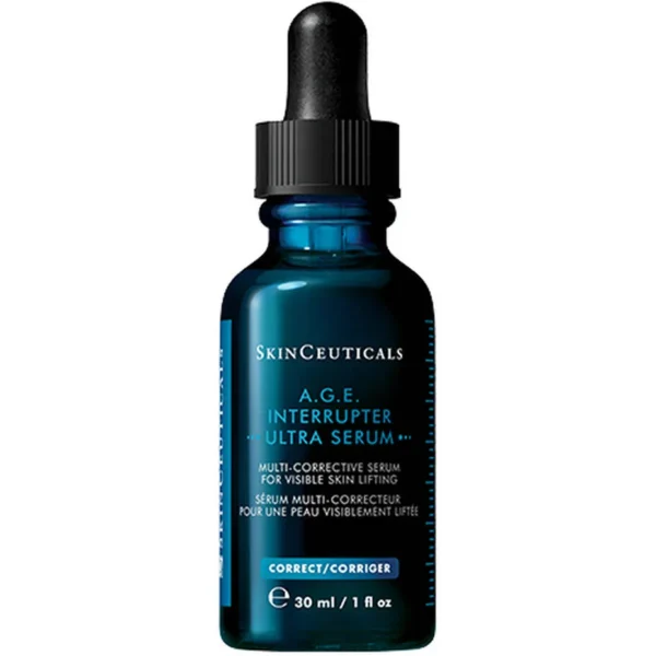 Blue 30ml bottle of SkinCeuticals A.G.E. Interrupter Ultra Serum—an anti-aging, firming serum recommended by Nurse Jacklyn for mature skin.