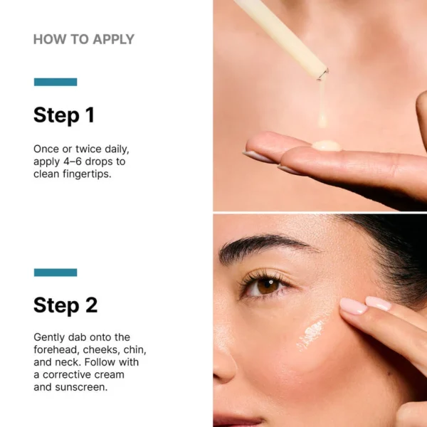 Step-by-step application of SkinCeuticals A.G.E. Interrupter Ultra Serum, as recommended by Nurse Jacklyn. Apply 4–6 drops and dab onto face and neck.