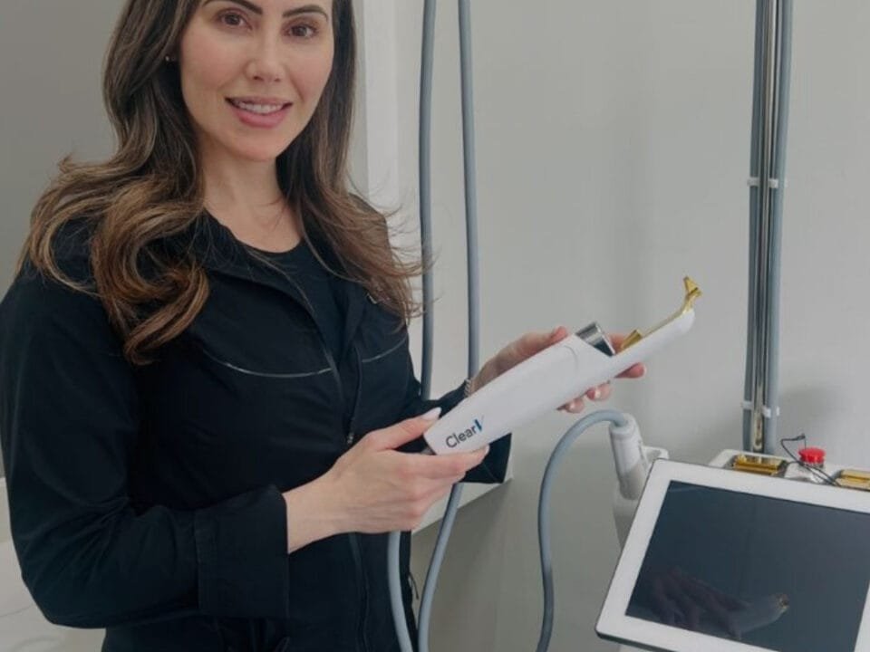 Nurse Jacklyn pictured with the Sciton ClearV which is used for deeper or more stubborn vessels that contribute to redness and rosacea