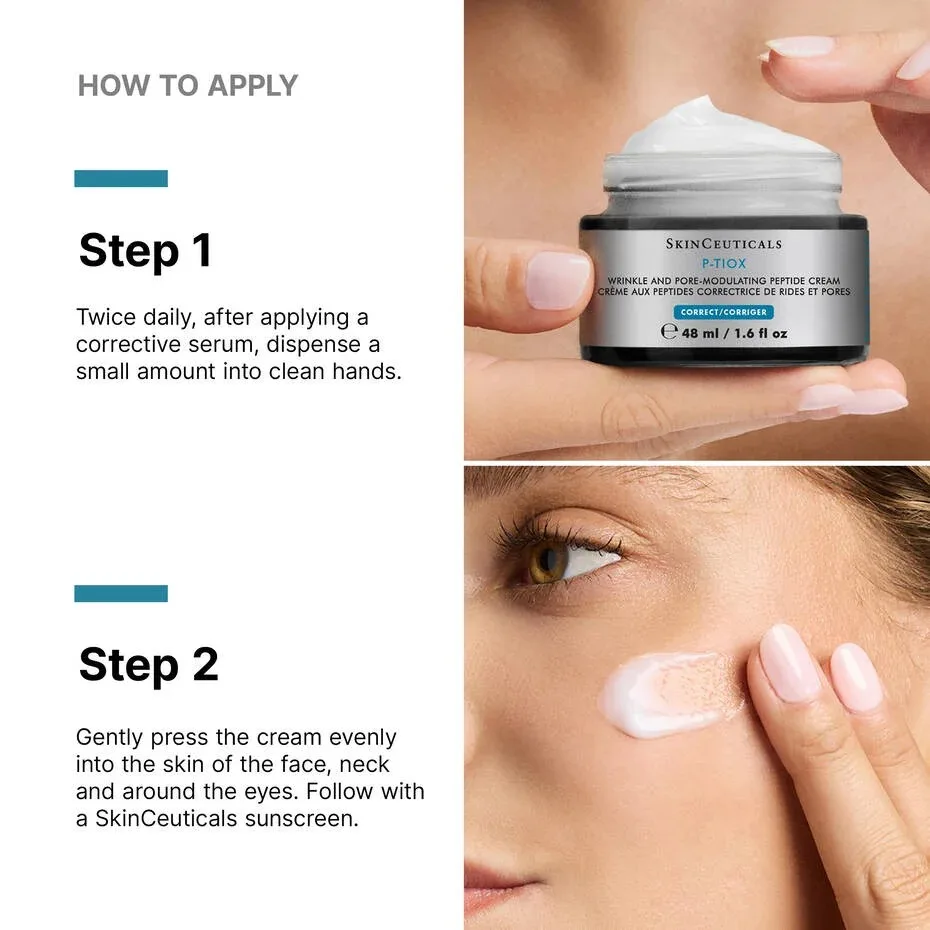 SkinCeuticals P-TIOX Anti-Wrinkle Cream application guide showing how to apply the cream twice daily