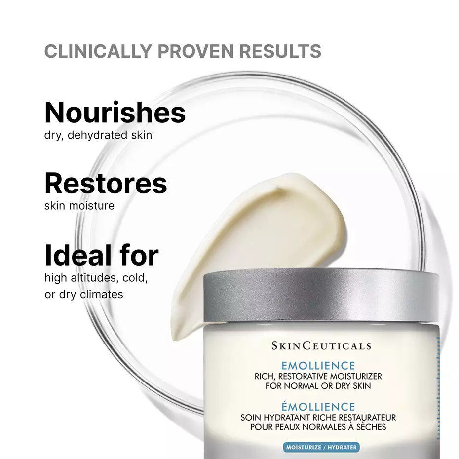 SkinCeuticals Emollience jar with cream texture and hydration benefits for dry skin